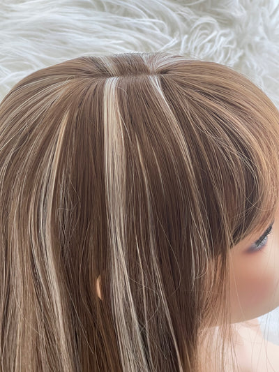 Synthetic hair toppers with bangs for women brown highlighted topper