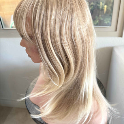 Tillstyle bleach blonde with ombre highlights wig with bangs layered synthetic wig