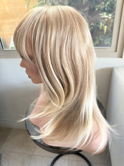 Tillstyle bleach blonde with ombre highlights wig with bangs layered synthetic wig