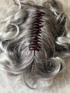 Tillstyle grey silver blonde claw clip in messy bun hair piece curly hair
With creamy ends