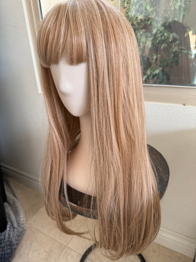 Tillstyle long  honey blonde /strawberry blonde straight wig  with bangs for women 26 inch middle part