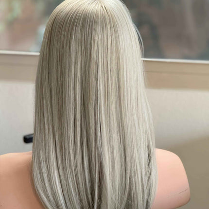 Till style silver grey  hair toppers for women  with butterfly bangs