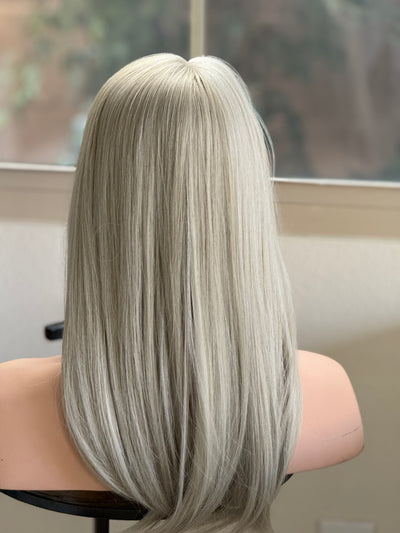 Till style silver grey  hair toppers for women  with butterfly bangs