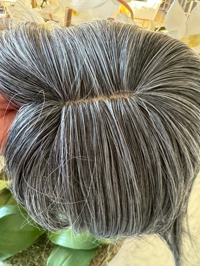 Tillstyle grey mixed white hair topper with bangs