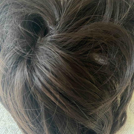 Tillstyle elastic hair-bun scrunchie hair piece with long bangs dark brown