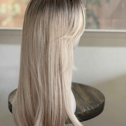 Tillstyle long  straight wig with bangs platinum blonde with dark roots