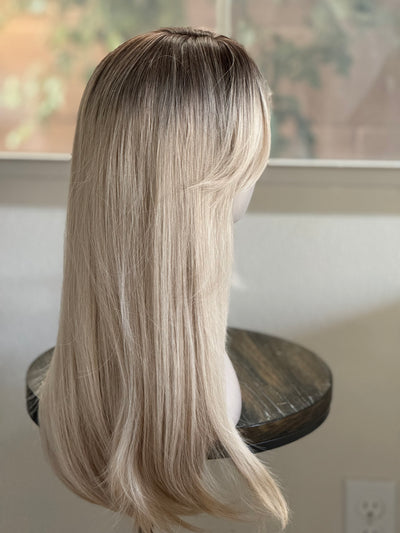 Tillstyle long  straight wig with bangs platinum blonde with dark roots