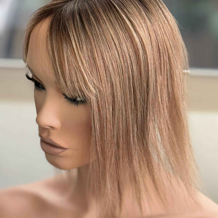 Till style remy human Hair Toppers with bangs brown with dark roots