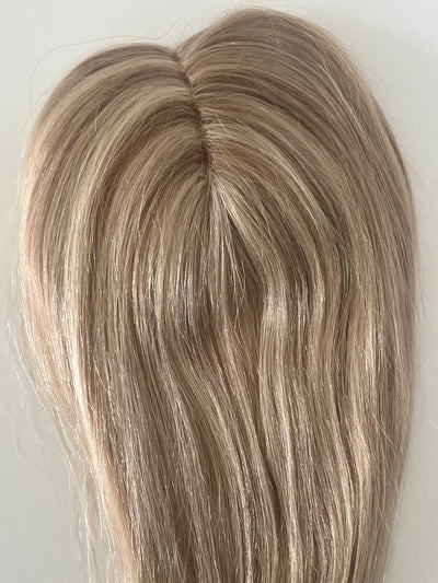 Tillstyle clip in human hair toppers for women mono base ash blonde with brown highlights