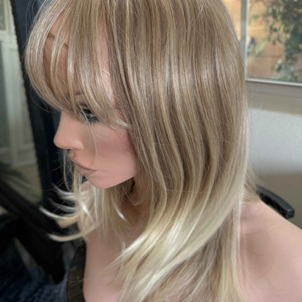 Tillstyle bleach blonde with ombre highlights wig with bangs layered synthetic wig