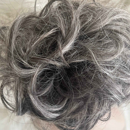 Tillstyle elastic messy bun hair piece curly hair bun pieces  salt and pepper brownish grey