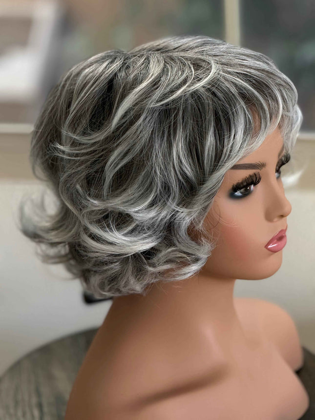 Tillstyle short grey layered wig /pale white ends