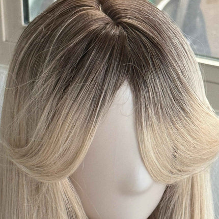 Tillstyle long  straight wig with bangs platinum blonde with dark roots