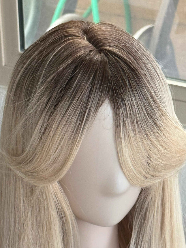 Tillstyle long  straight wig with bangs platinum blonde with dark roots