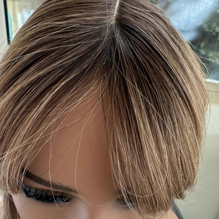 Till style remy human Hair Toppers with bangs brown highlighted