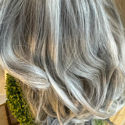 Tillstyle grey wig with curtain bangs for women layered grey wig with pale white ends