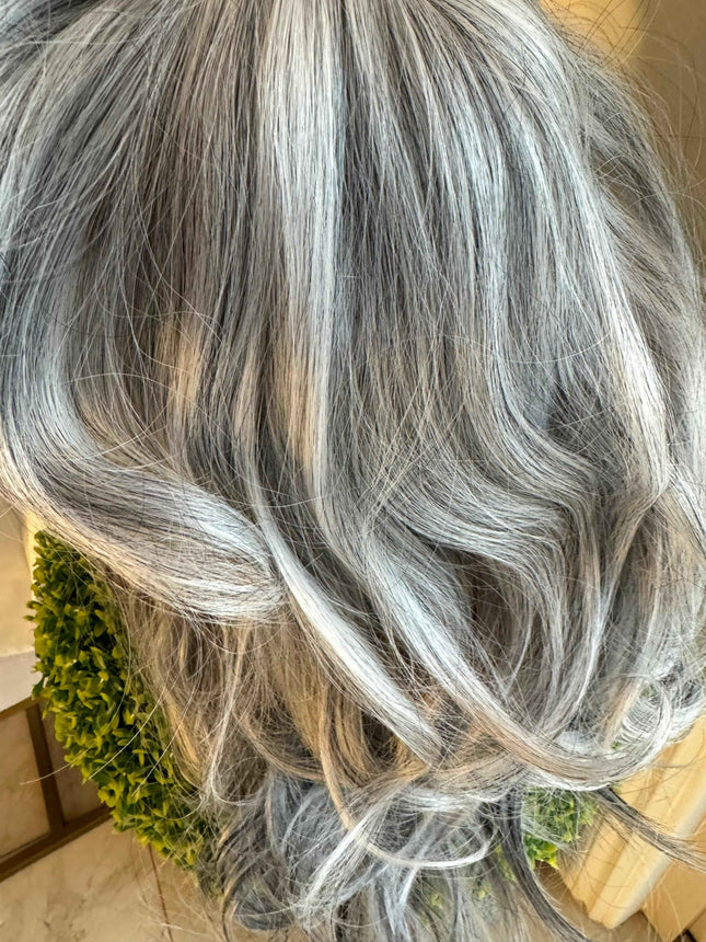 Tillstyle grey wig with curtain bangs for women layered grey wig with pale white ends