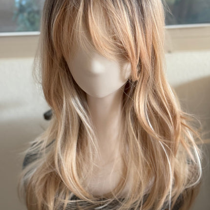 Tillstyle long  strawberry blonde wig with bangs ash brown roots blonde layered synthetic wig 22 inches