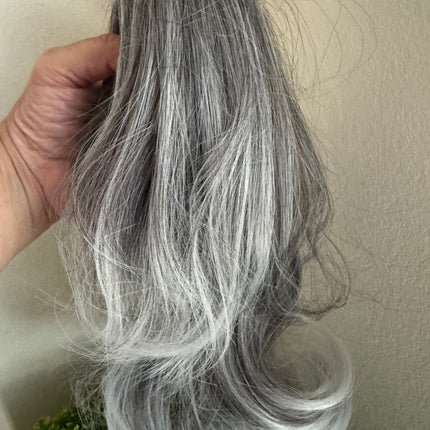 Tillstyle  medium grey curly claw clip ponytail white ends