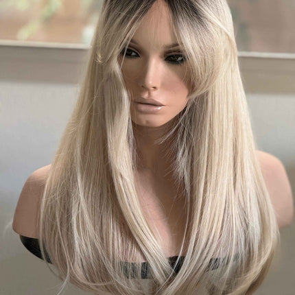 Tillstyle long  straight wig with bangs blonde highlighted with dark roots