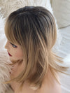 Synthetic hair topper with bangs ombre with dark brown roots clip in