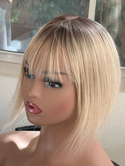 Till style remy human Hair Toppers with bangs blonde/brown roots