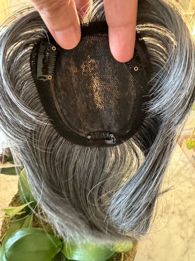 Tillstyle grey mixed white hair topper with bangs