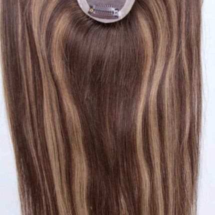 human virgin hair topper clip in mono mesh base medium brown highlighted