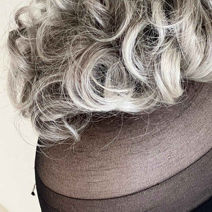 Tillstyle grey silver blonde claw clip in messy bun hair piece curly hair
With creamy ends