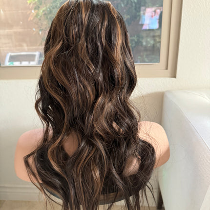 Till style brown caramel highlighted loose body wave invisible wire hair extensions