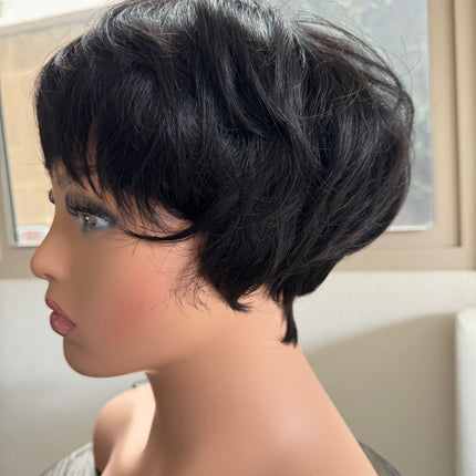 Black Short layered pixie wigs for women human hair wigs with bangs glueless