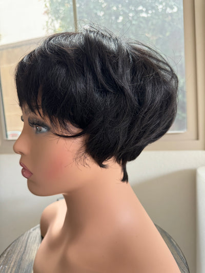Black Short layered pixie wigs for women human hair wigs with bangs glueless