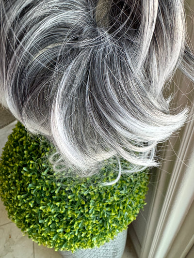 Tillstyle grey elastic hairbun scrunchie with bangs pony tail extension grey with white ends