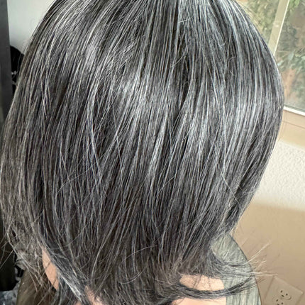 Till style dark grey salt and pepper  hair toppers for women / layered /bangs