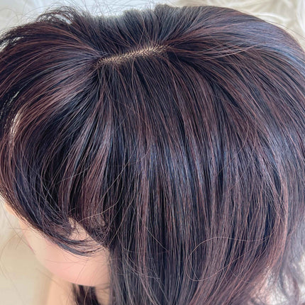 Synthetic hair toppers with bangs dark brown with burgundy highlights