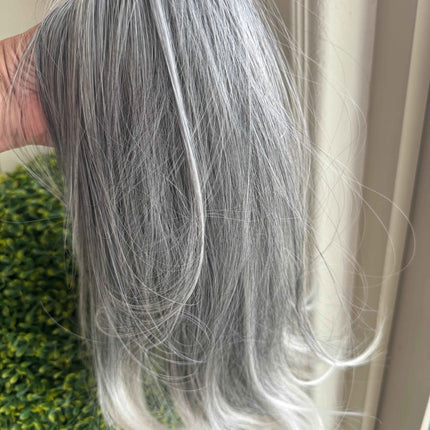 Tillstyle medium grey ponytail with creamy white ends