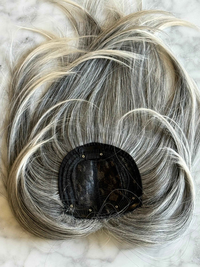 Till style  grey hair toppers for women  Salt and Pepper pale white with yellowish white ends