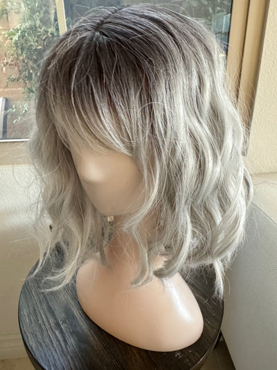 Tillstyle short  silver grey bob wigs for women loose body wave air bangs  synthetic premium fibre