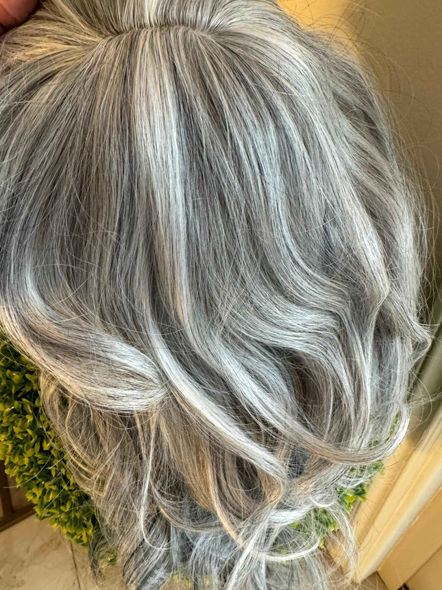 Tillstyle light grey silver wig with curtain bangs for women layered grey wig with pale white ends