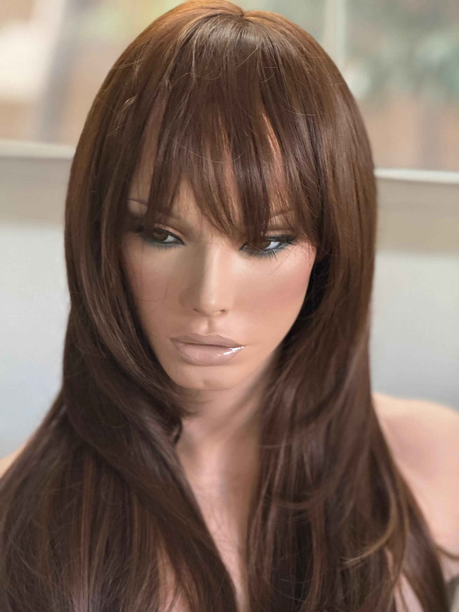 Tillstyle long  medium brown caramel highlighted wig with bangs