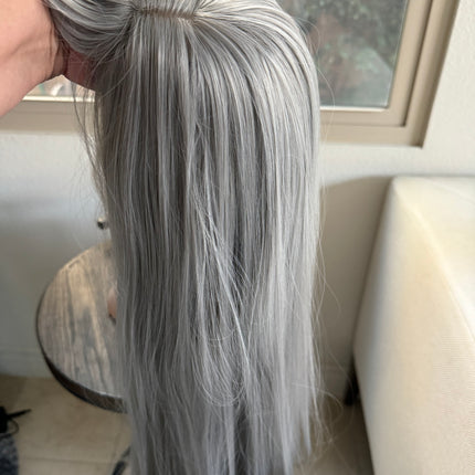 Tillstyle long silver grey wig with bangs straight wig for women 26 inch