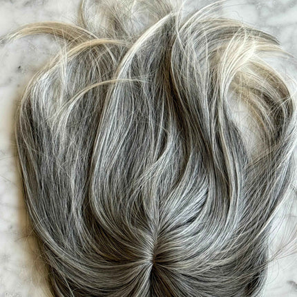 Till style  grey hair toppers for women  Salt and Pepper pale white with yellowish white ends