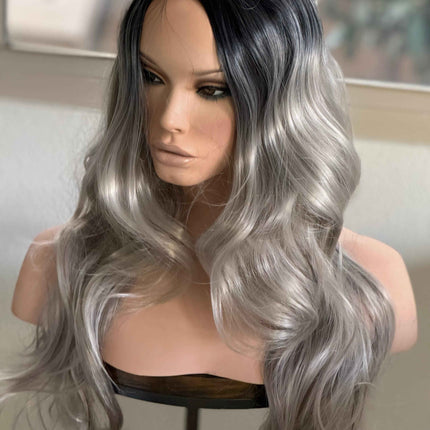 Tillstyle  long ash blonde grey mix wig dark roots wig loose body wave air bangs