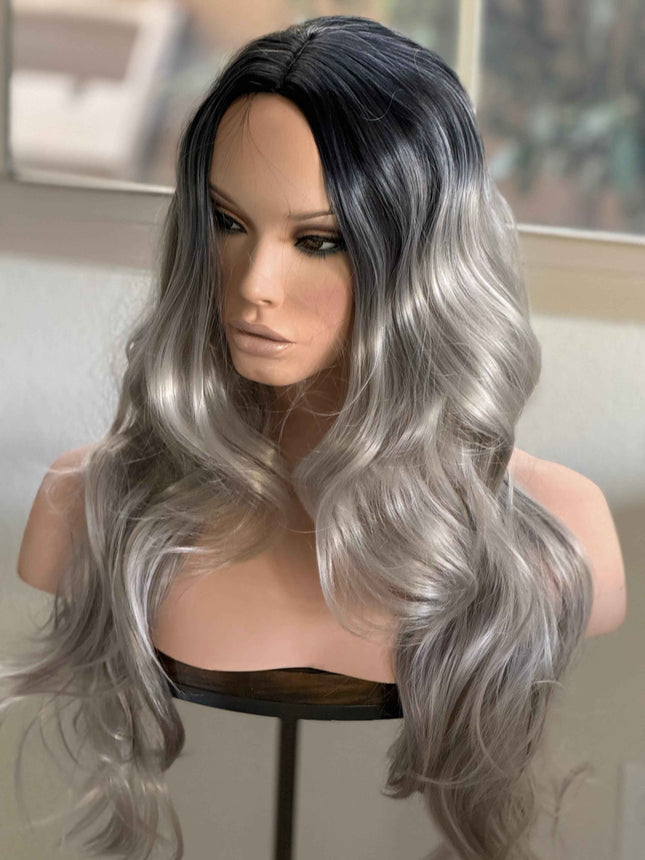 Tillstyle  long ash blonde grey mix wig dark roots wig loose body wave air bangs