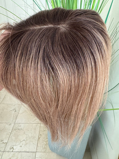 Till style remy human Hair Toppers with bangs ash brown highlighted