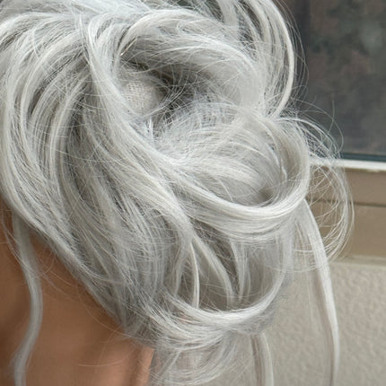 Tillstyle  white silver grey large messy hair bun with bangs