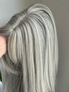 Till style white silver grey hair toppers for women  with butterfly bangs