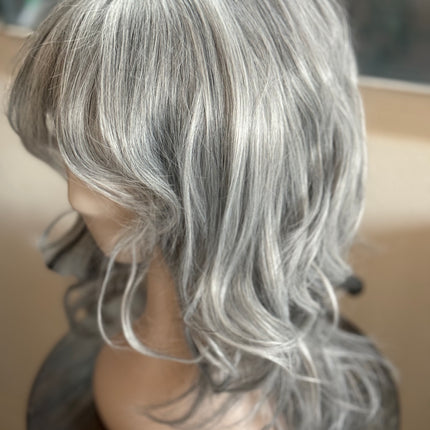 Tillstyle light grey silver wig with curtain bangs for women layered grey wig with pale white ends