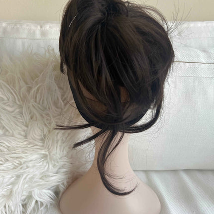 Tillstyle elastic hair-bun scrunchie hair piece with long bangs dark brown