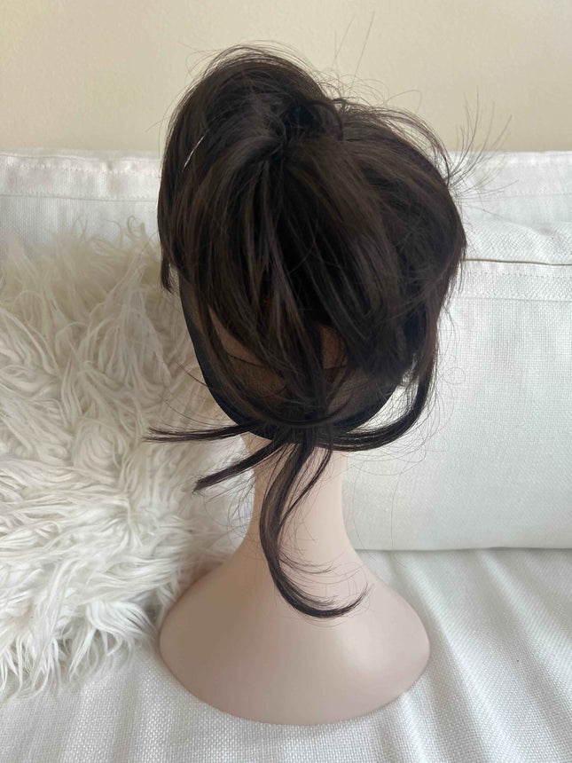 Tillstyle elastic hair-bun scrunchie hair piece with long bangs dark brown